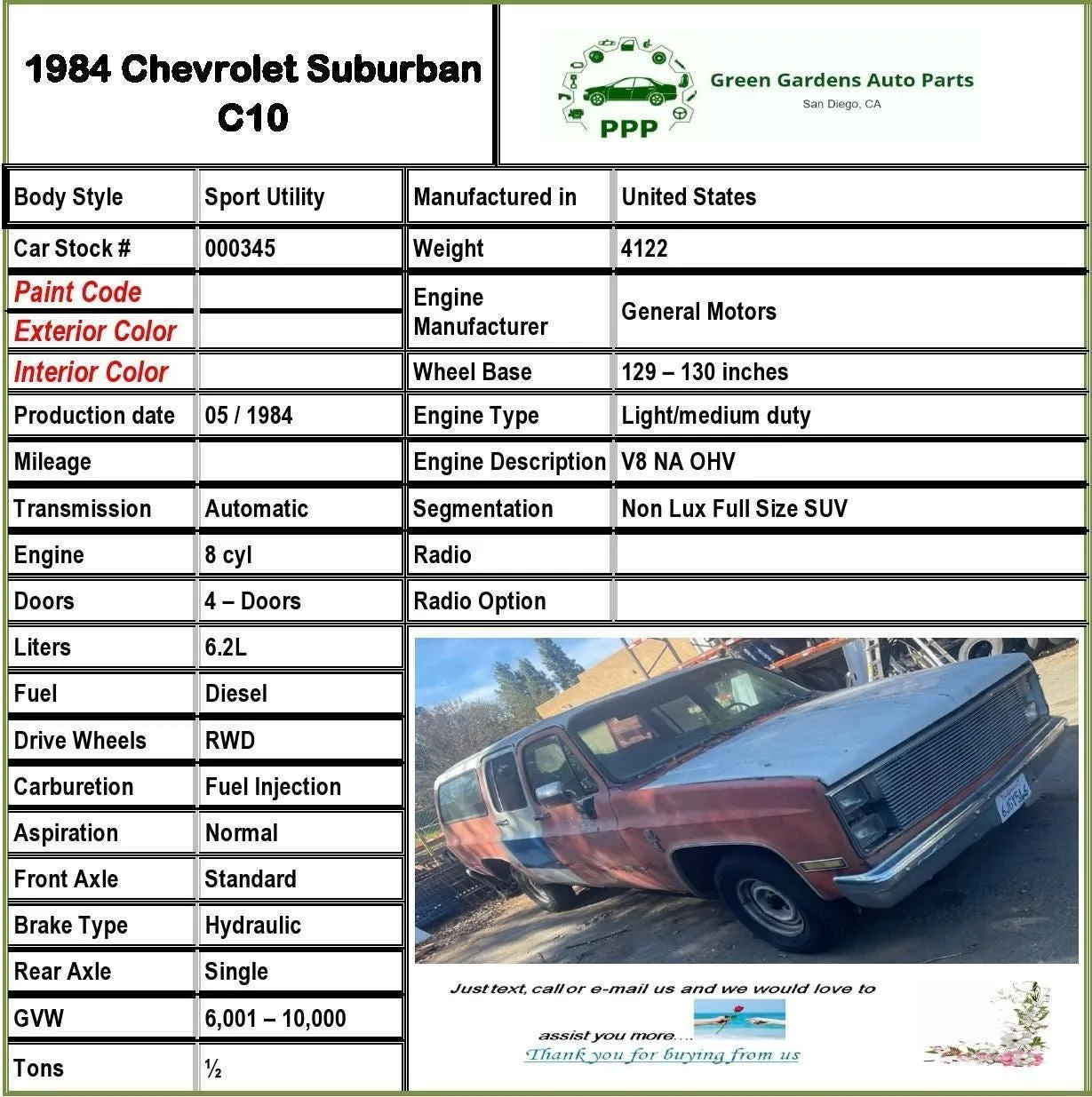 1983 - 1990 Chevy SUBURBAN 10 S10 6.2L Engine Alternator Diesel 78Amp 8 Cylinder