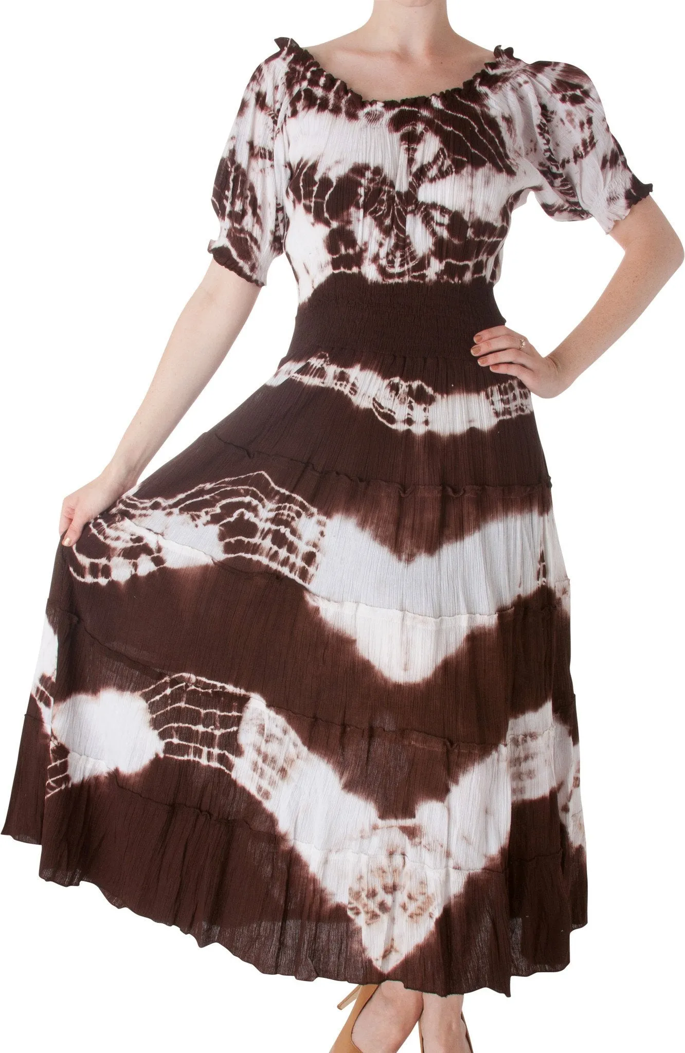 2-Tone Tie Dye Cap Sleeves Smocked Waist Tiered Guazy Long Dress - FINAL SALE