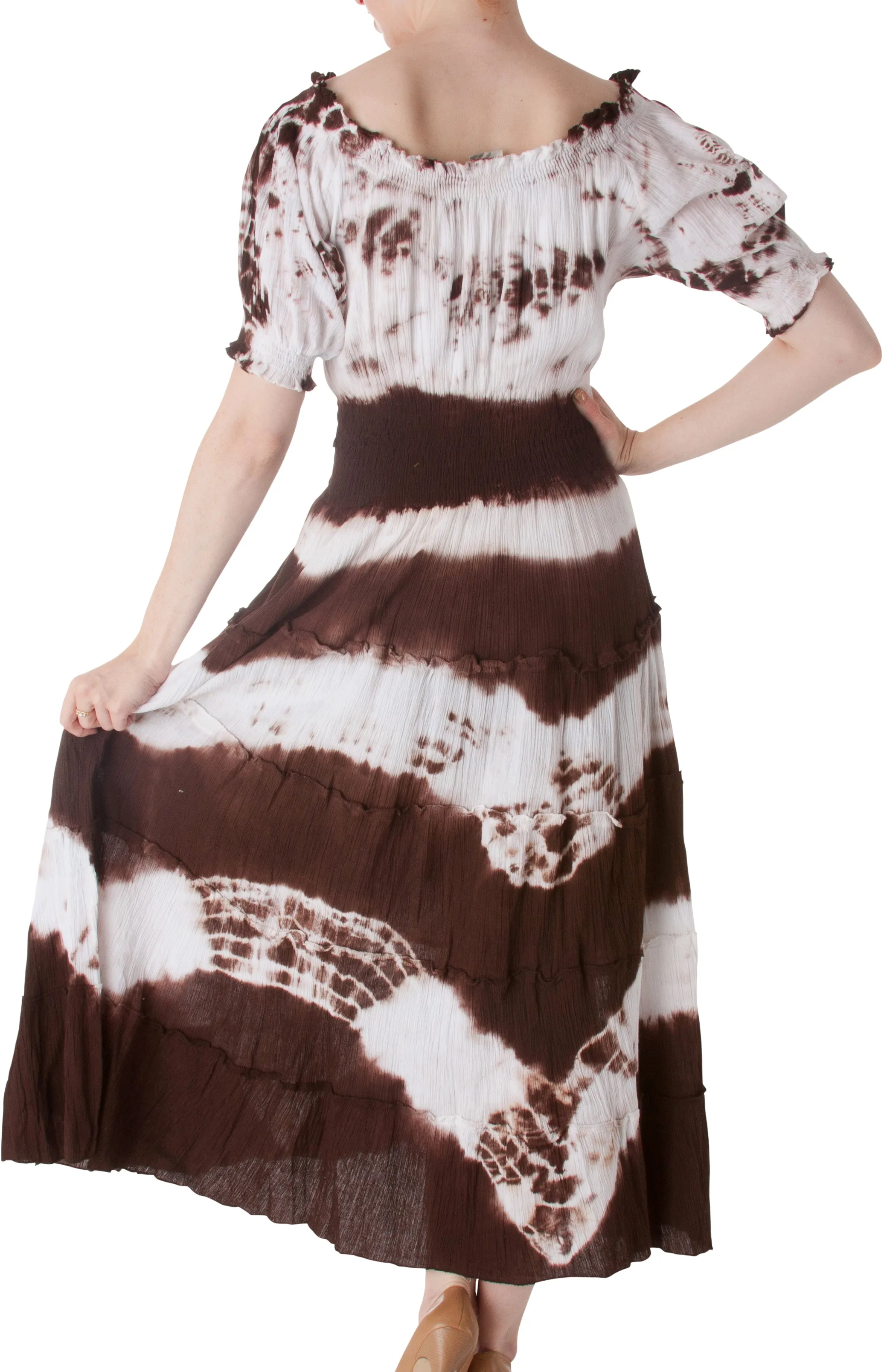 2-Tone Tie Dye Cap Sleeves Smocked Waist Tiered Guazy Long Dress - FINAL SALE