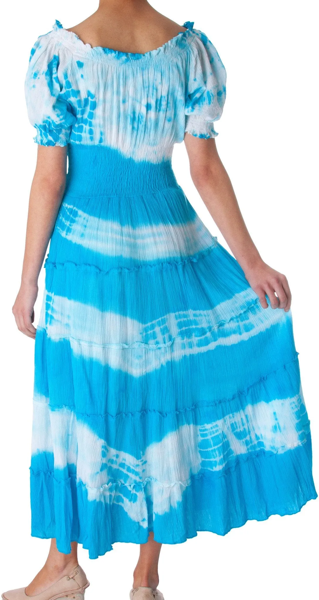 2-Tone Tie Dye Cap Sleeves Smocked Waist Tiered Guazy Long Dress - FINAL SALE