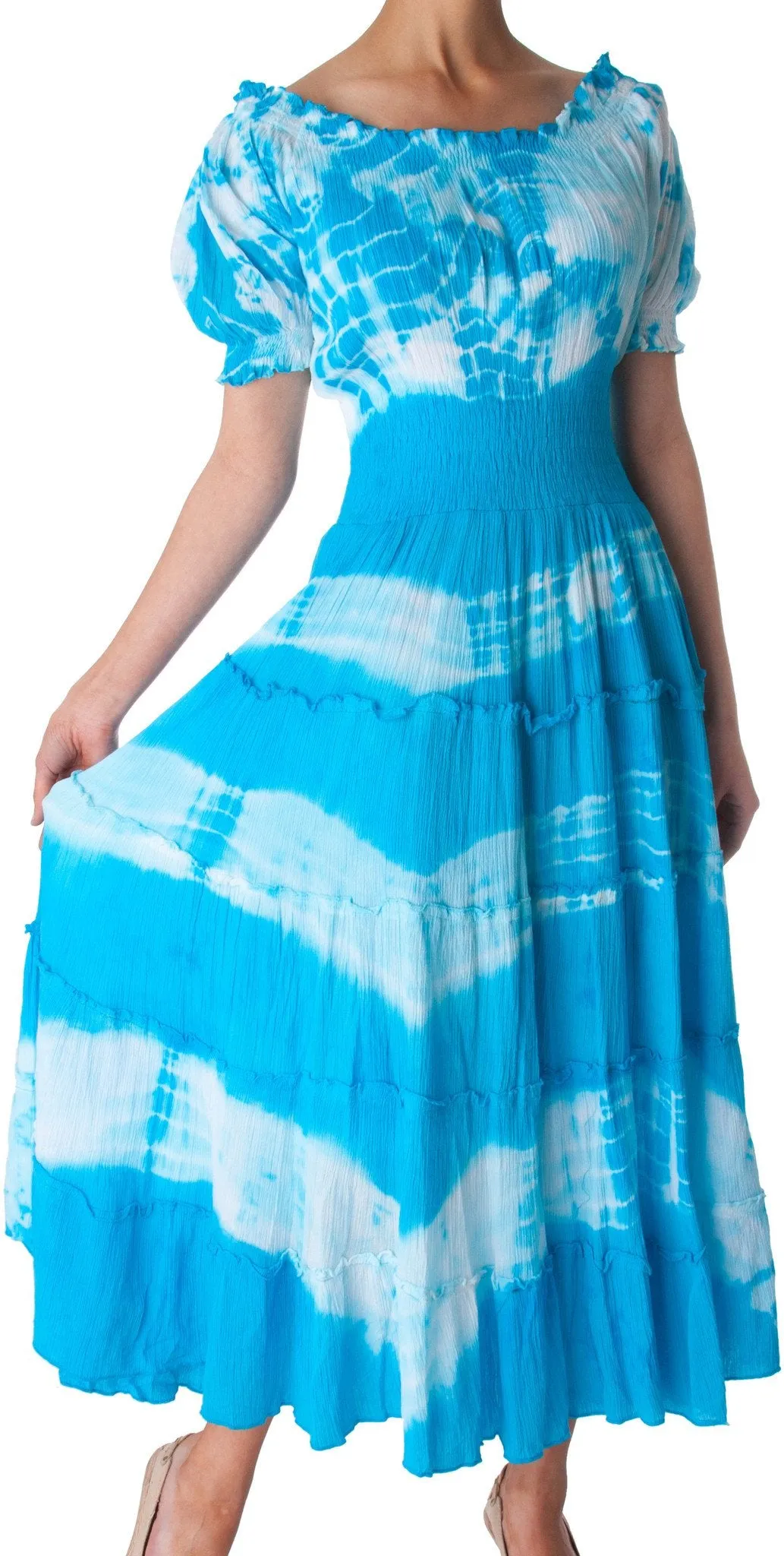 2-Tone Tie Dye Cap Sleeves Smocked Waist Tiered Guazy Long Dress - FINAL SALE