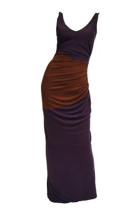 2007 Donald Deal Aubergine and Ginger Colorblock Drape Bodycon Evening Dress