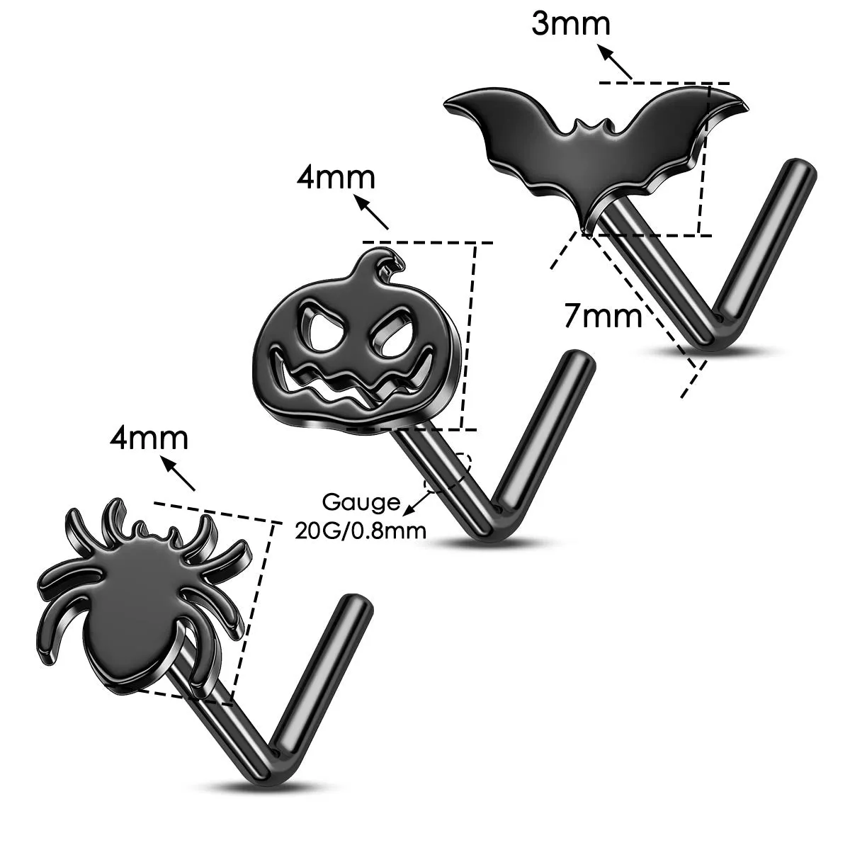 20G 3PCS Spider/Pumpkin/Bat L-Shaped Nostril Studs Set