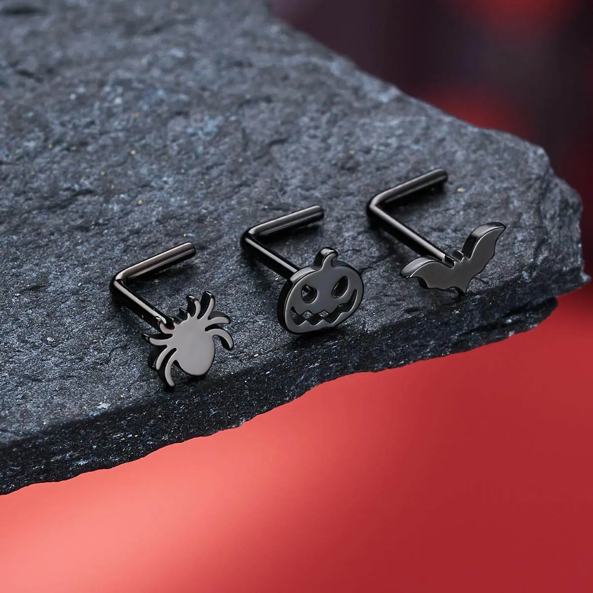 20G 3PCS Spider/Pumpkin/Bat L-Shaped Nostril Studs Set