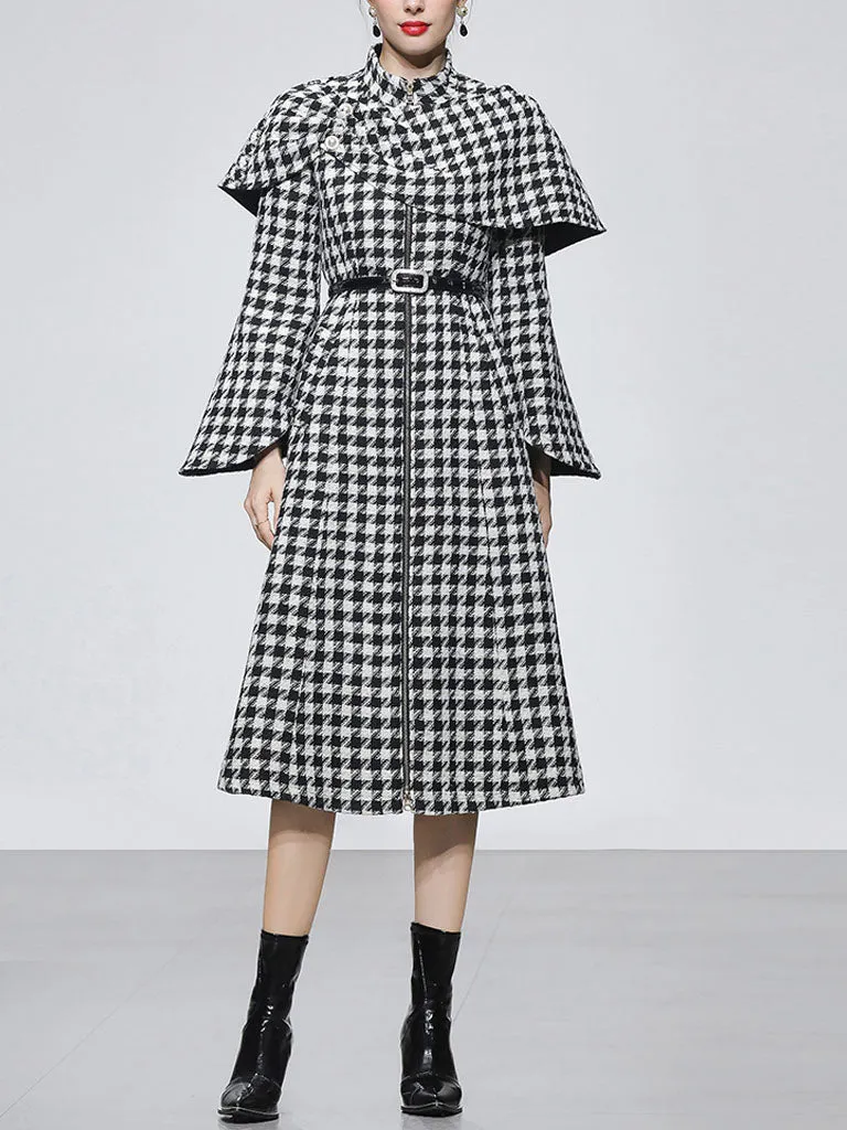 2PS Stand Collar Flared Sleeve  Houndstooth Wool Coat With Retrievable Cape