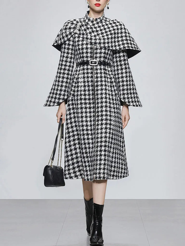 2PS Stand Collar Flared Sleeve  Houndstooth Wool Coat With Retrievable Cape