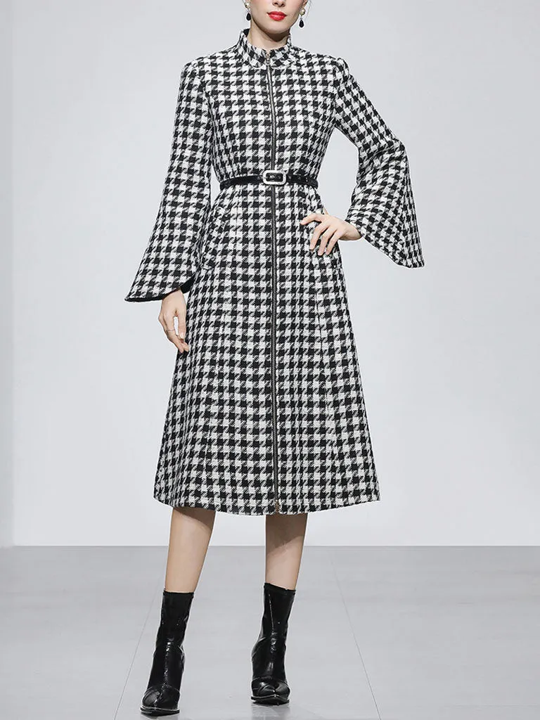 2PS Stand Collar Flared Sleeve  Houndstooth Wool Coat With Retrievable Cape