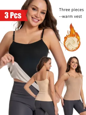 3 Pcs Women's Thermal Underwear Set: Plush Thick Solid Round Neck Adjustable Strap Slim Fit Cami Top for Fall & Winter