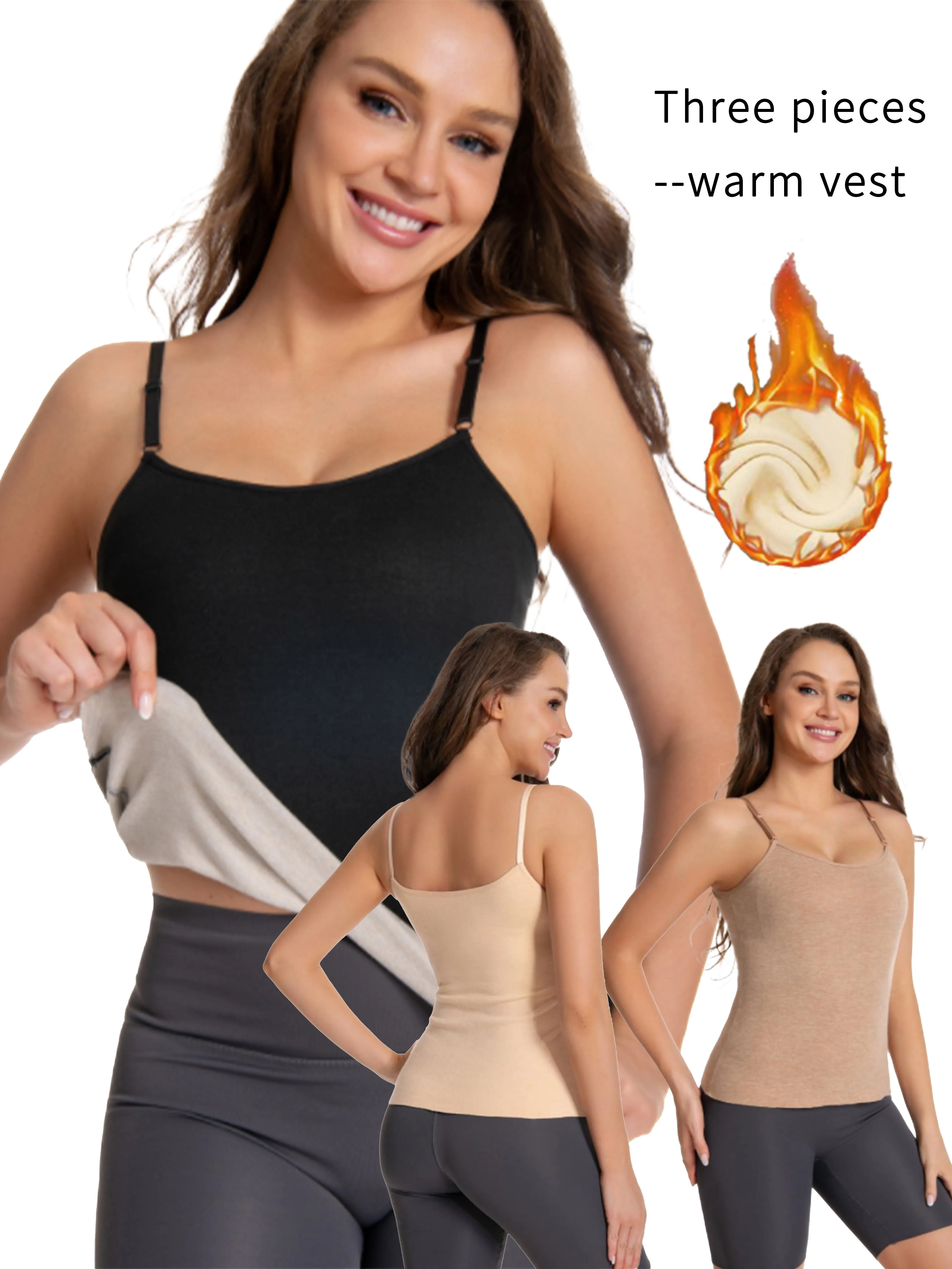 3 Pcs Women's Thermal Underwear Set: Plush Thick Solid Round Neck Adjustable Strap Slim Fit Cami Top for Fall & Winter