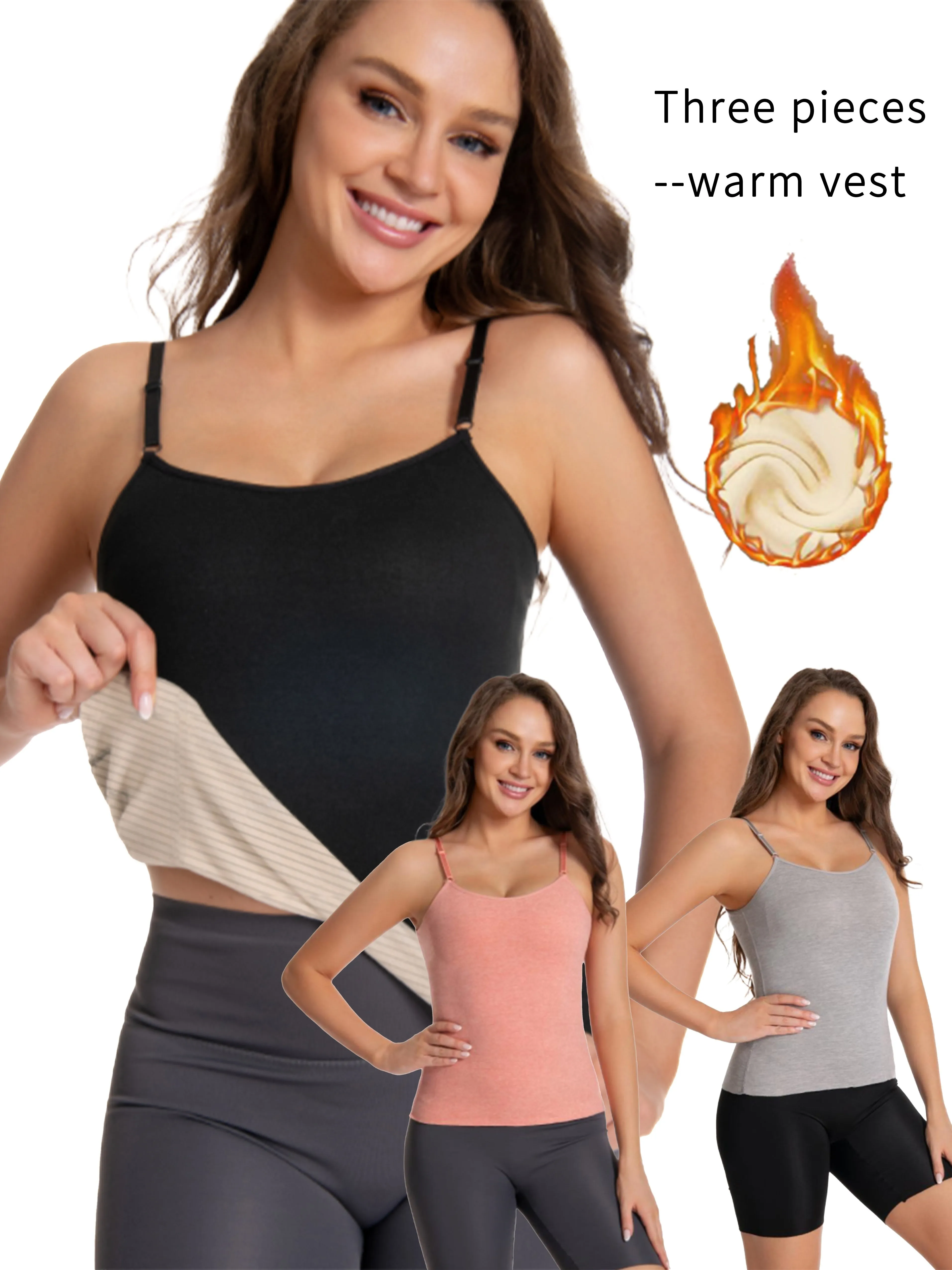 3 Pcs Women's Thermal Underwear Set: Plush Thick Solid Round Neck Adjustable Strap Slim Fit Cami Top for Fall & Winter