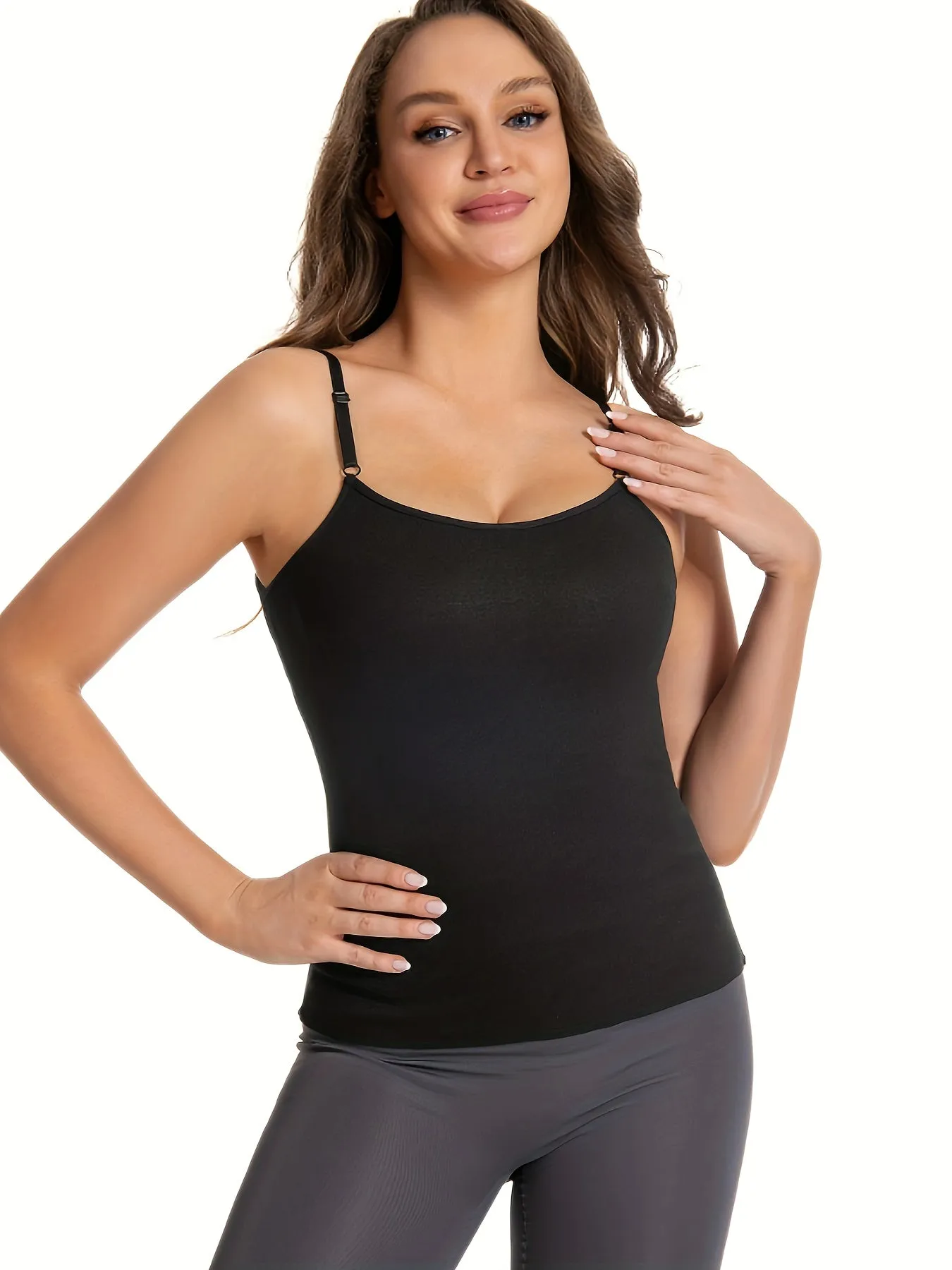 3 Pcs Women's Thermal Underwear Set: Plush Thick Solid Round Neck Adjustable Strap Slim Fit Cami Top for Fall & Winter