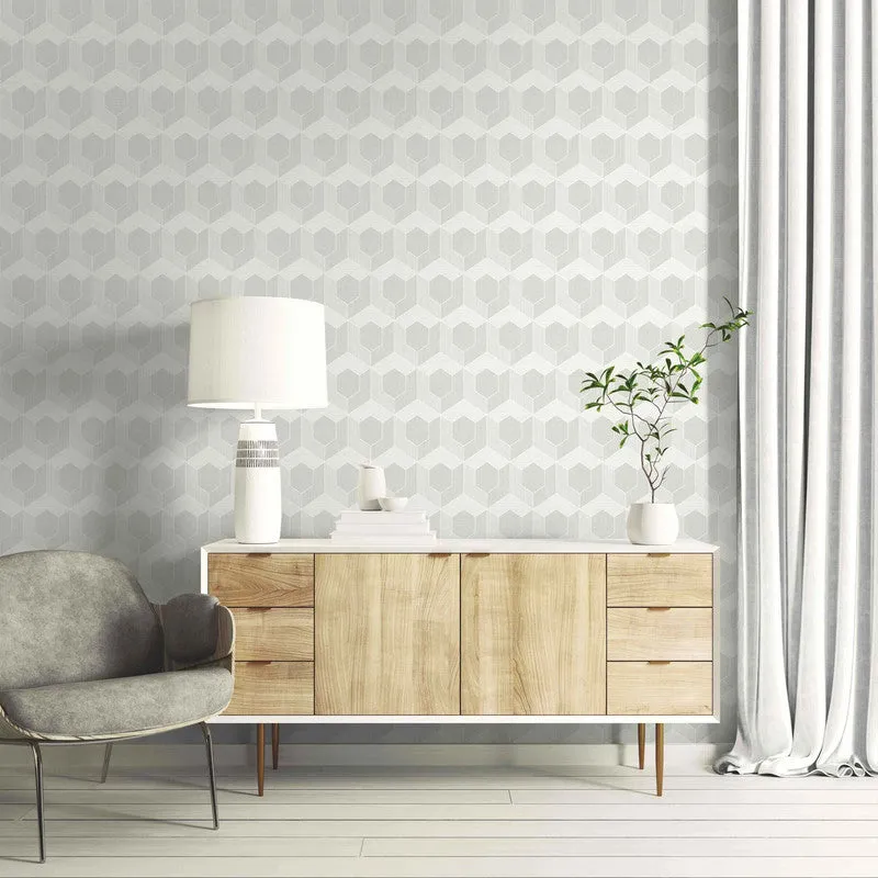 3D Hexagon Wallpaper in Soft Grey