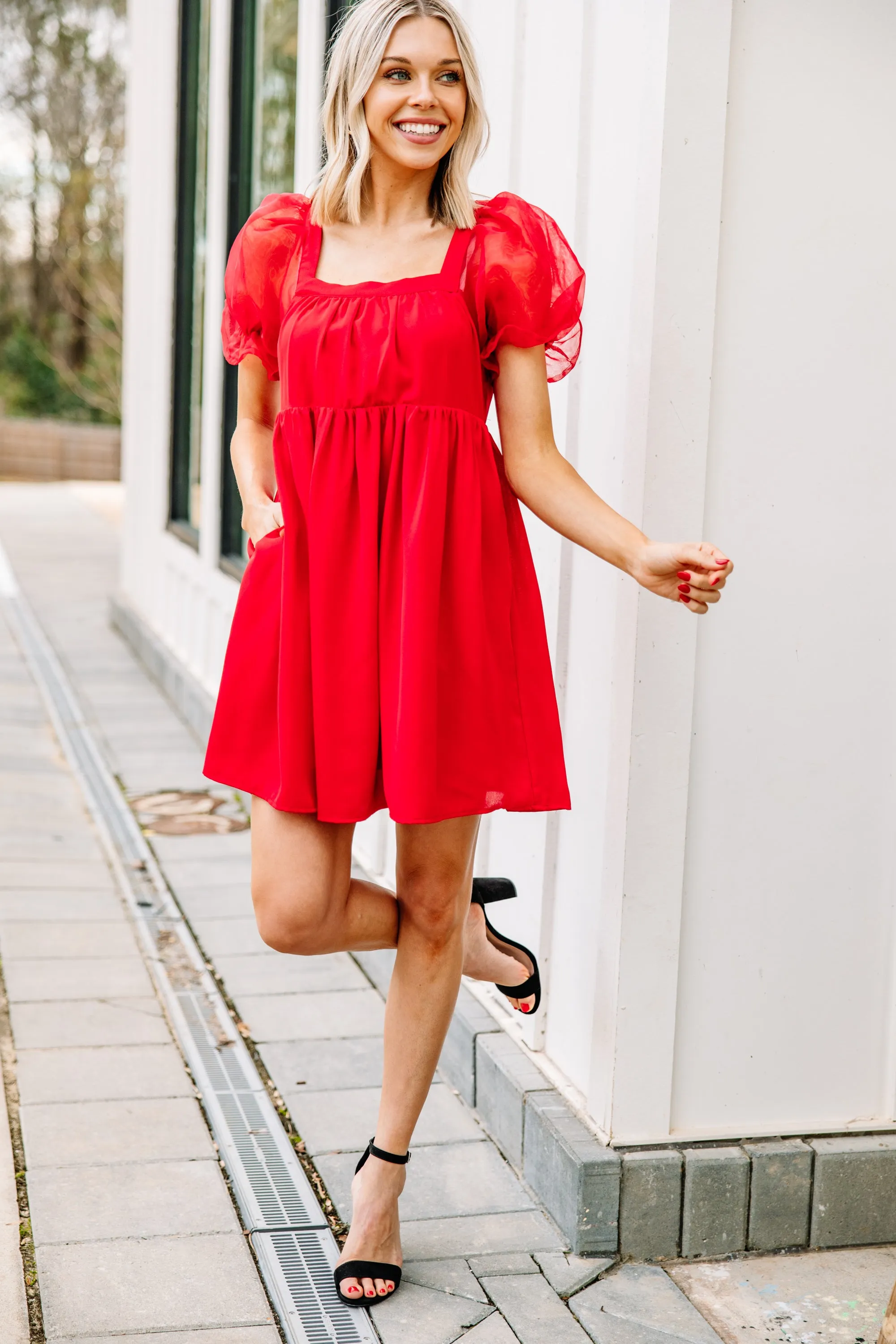 A Step Above Red Bubble Sleeve Dress