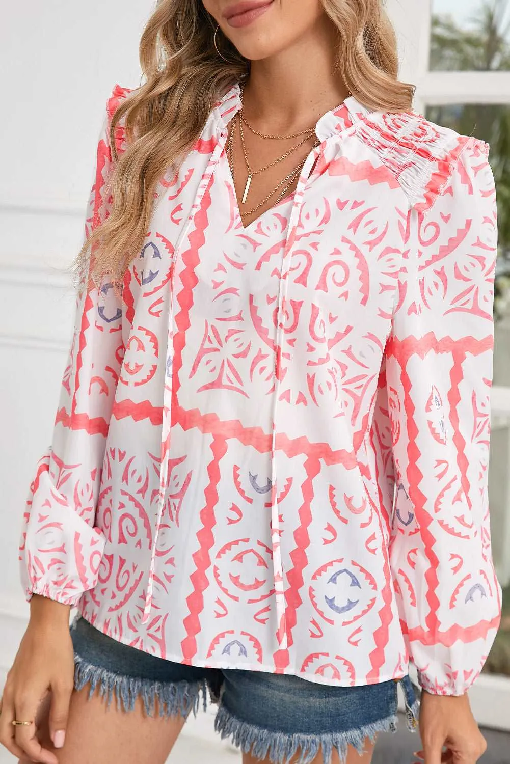 Abstract Print V Neck Smocked Long Sleeve Blouse – A Wearable Work of Art