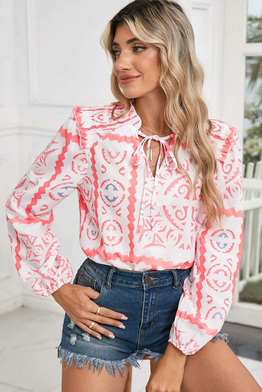 Abstract Print V Neck Smocked Long Sleeve Blouse – A Wearable Work of Art