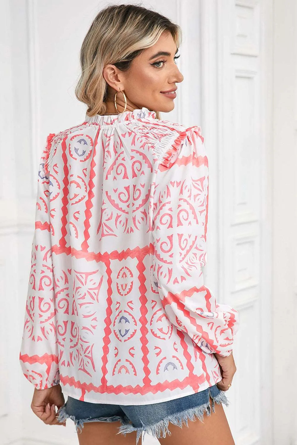 Abstract Print V Neck Smocked Long Sleeve Blouse – A Wearable Work of Art