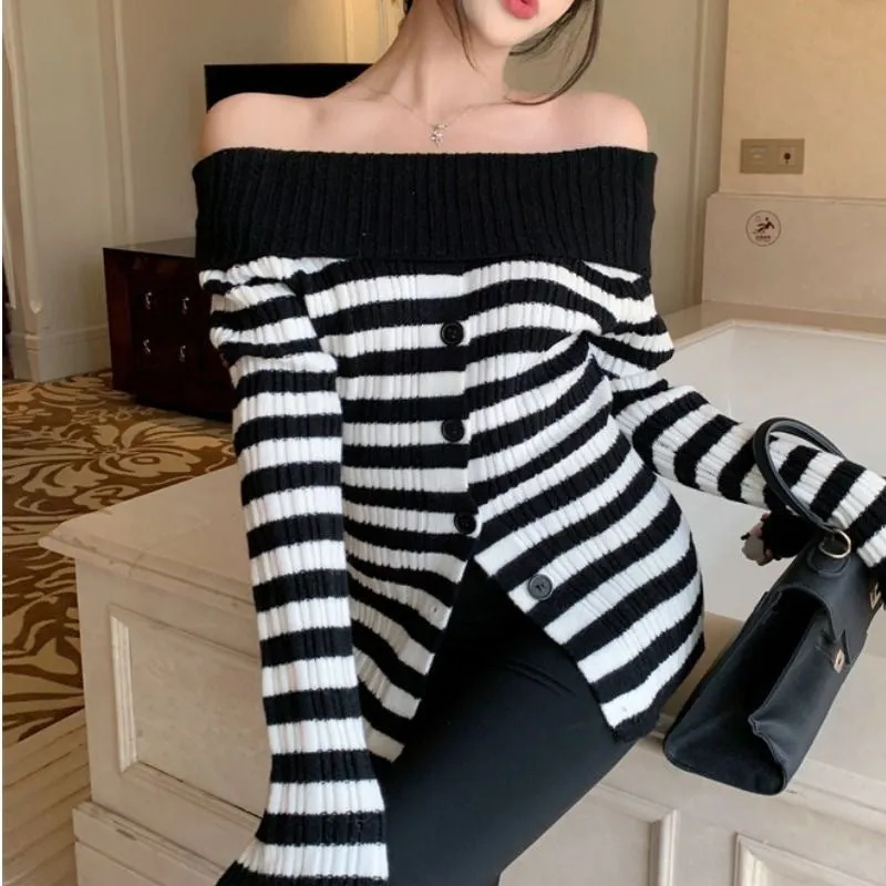 Aiertu long sweater dress outfit Off-Neck Striped Pleated Sweater Women's Chic Slim Top Autumn Short Long Sleeve