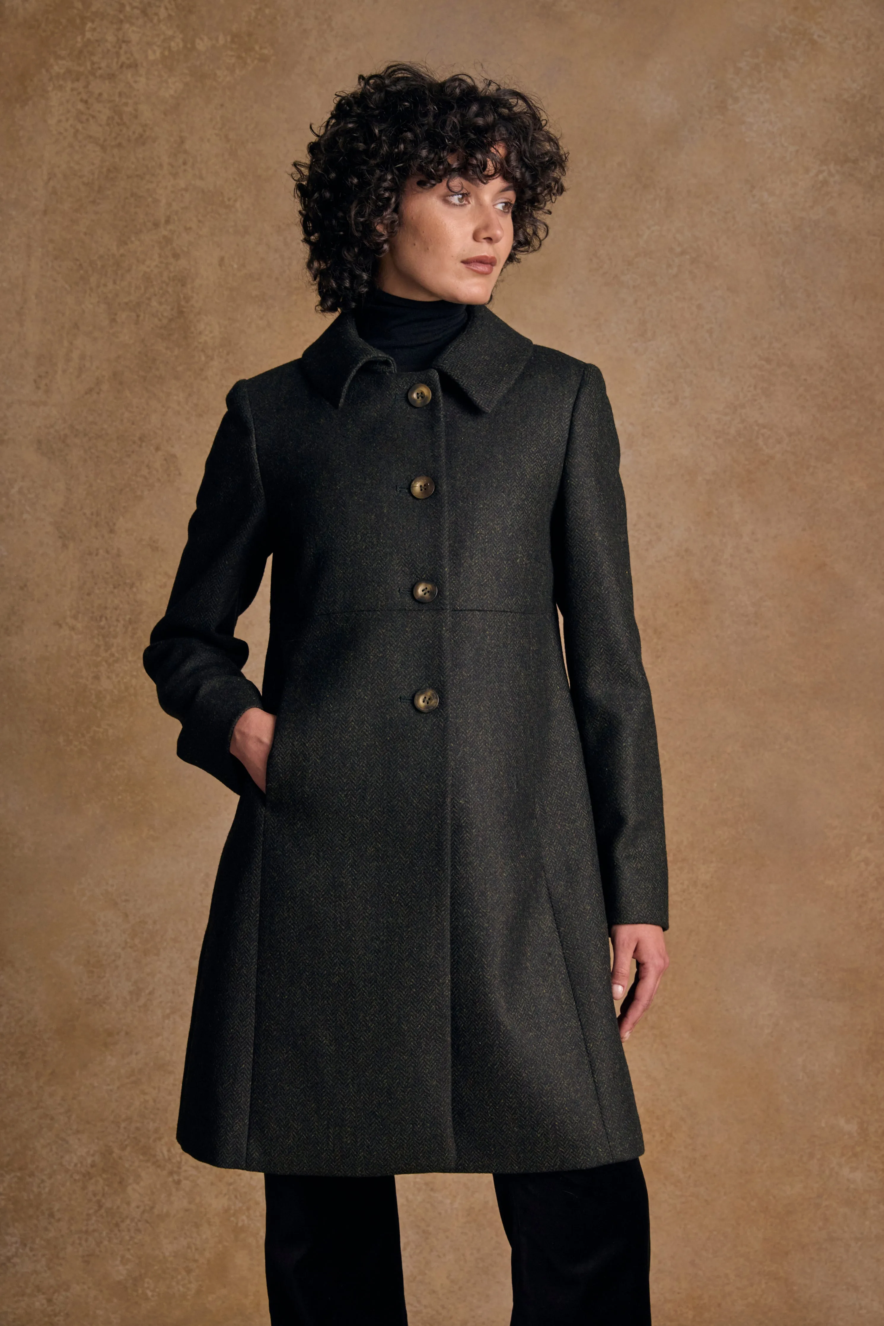 Aimee Tweed Coat - Deep Green Herringbone