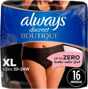 Always Discreet Boutique Incontinence and Postpartum Underwear for Women, Maximum Protection, XL, Black, 16pcs