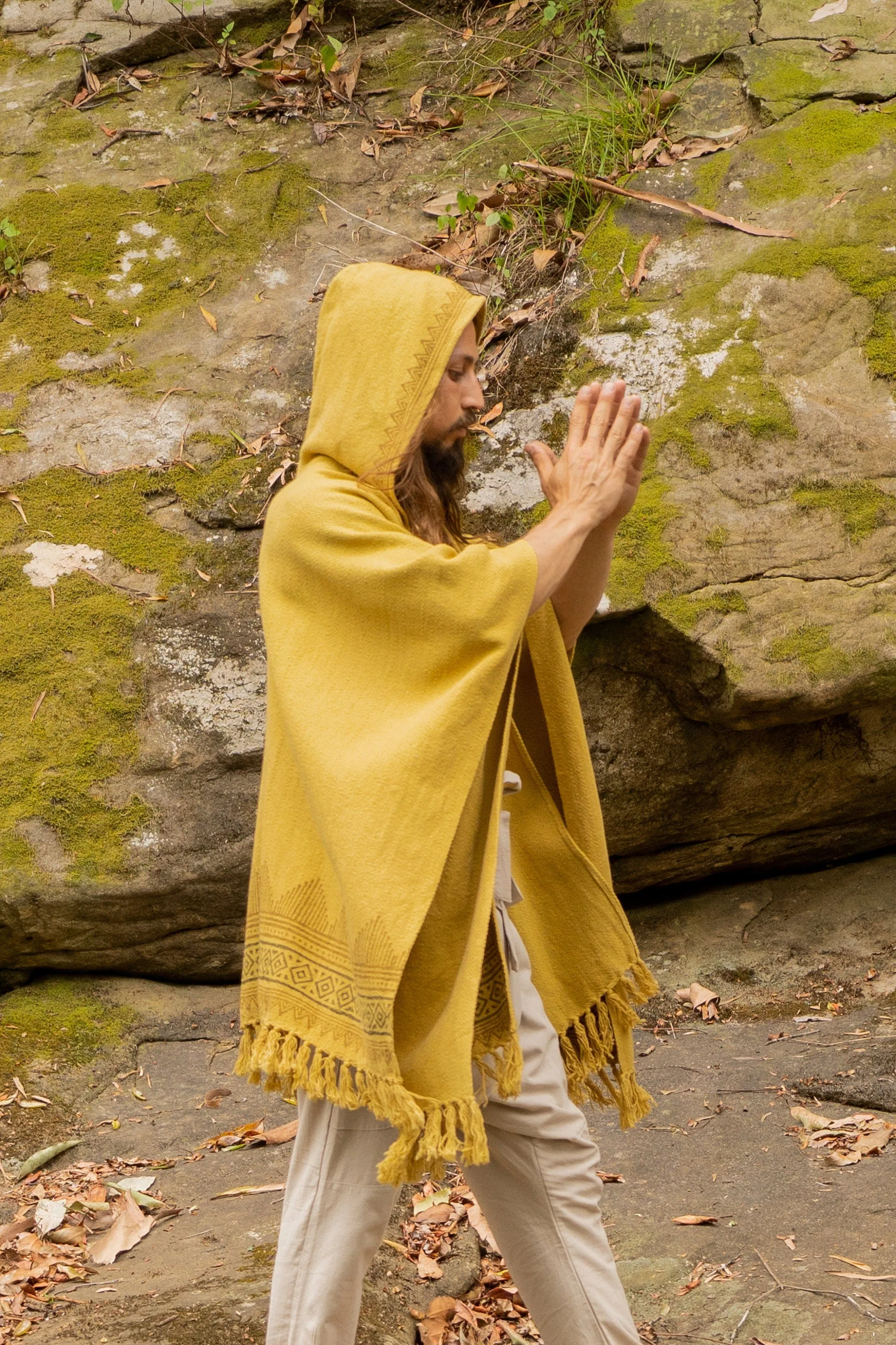 ANAGAMI Kimono Mustard Yellow Hooded Cape Poncho Robe Block Printed Natural Dyed Ceremony Ritual Shaman Tribal Alchemy Sacred Shawl AJJAYA