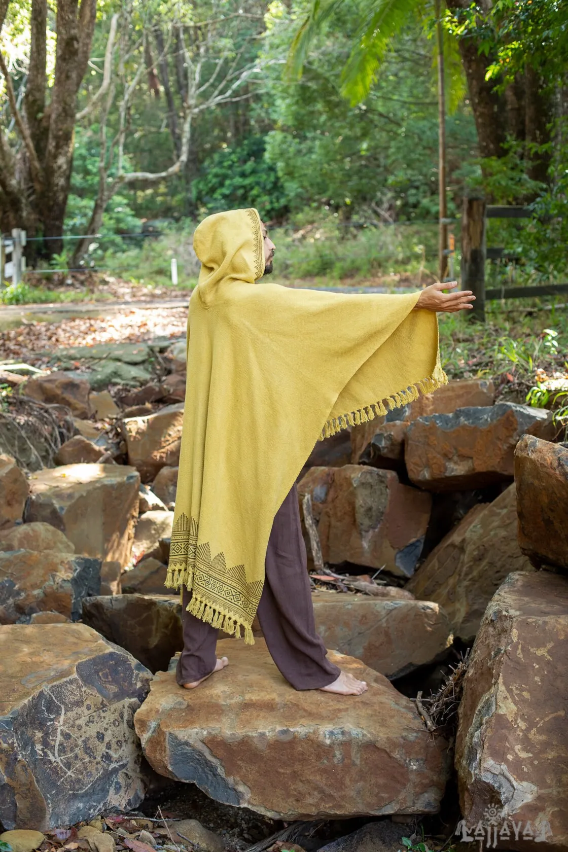 ANAGAMI Mustard Yellow Hooded Kimono Cape Poncho Robe Block Printed Natural Dyed Ceremony Ritual Shaman Tribal Alchemy Sacred Shawl AJJAYA