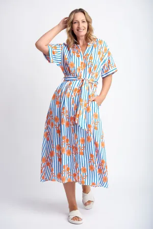 Aquadoor Stripe Floral Belted Linen Dress Orange/Blue