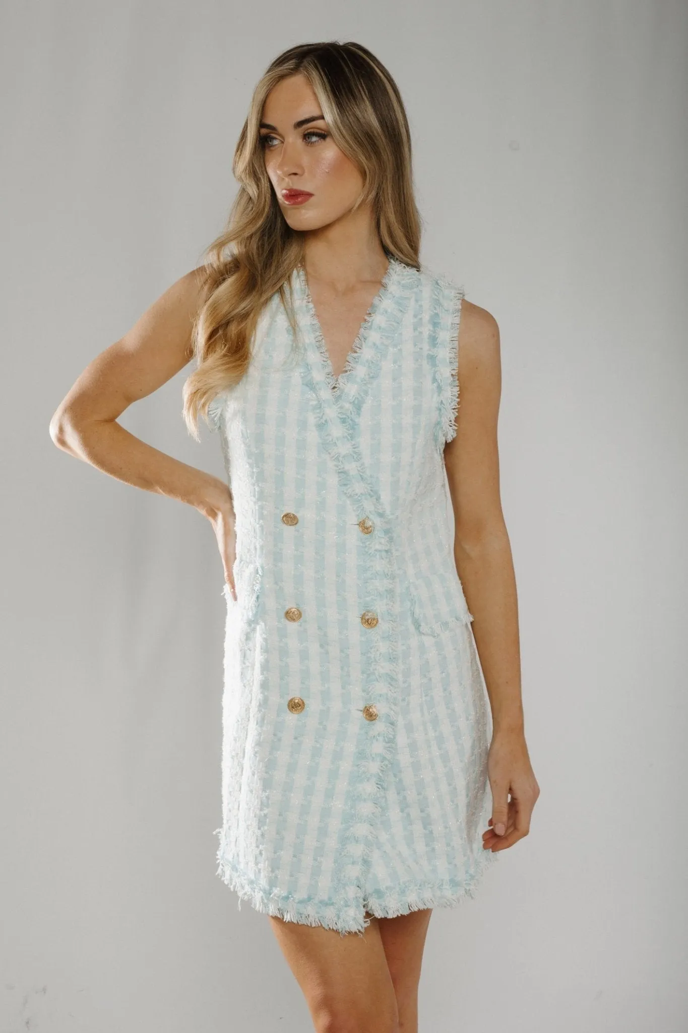 Arabella Sleeveless Tweed Dress In Blue Check