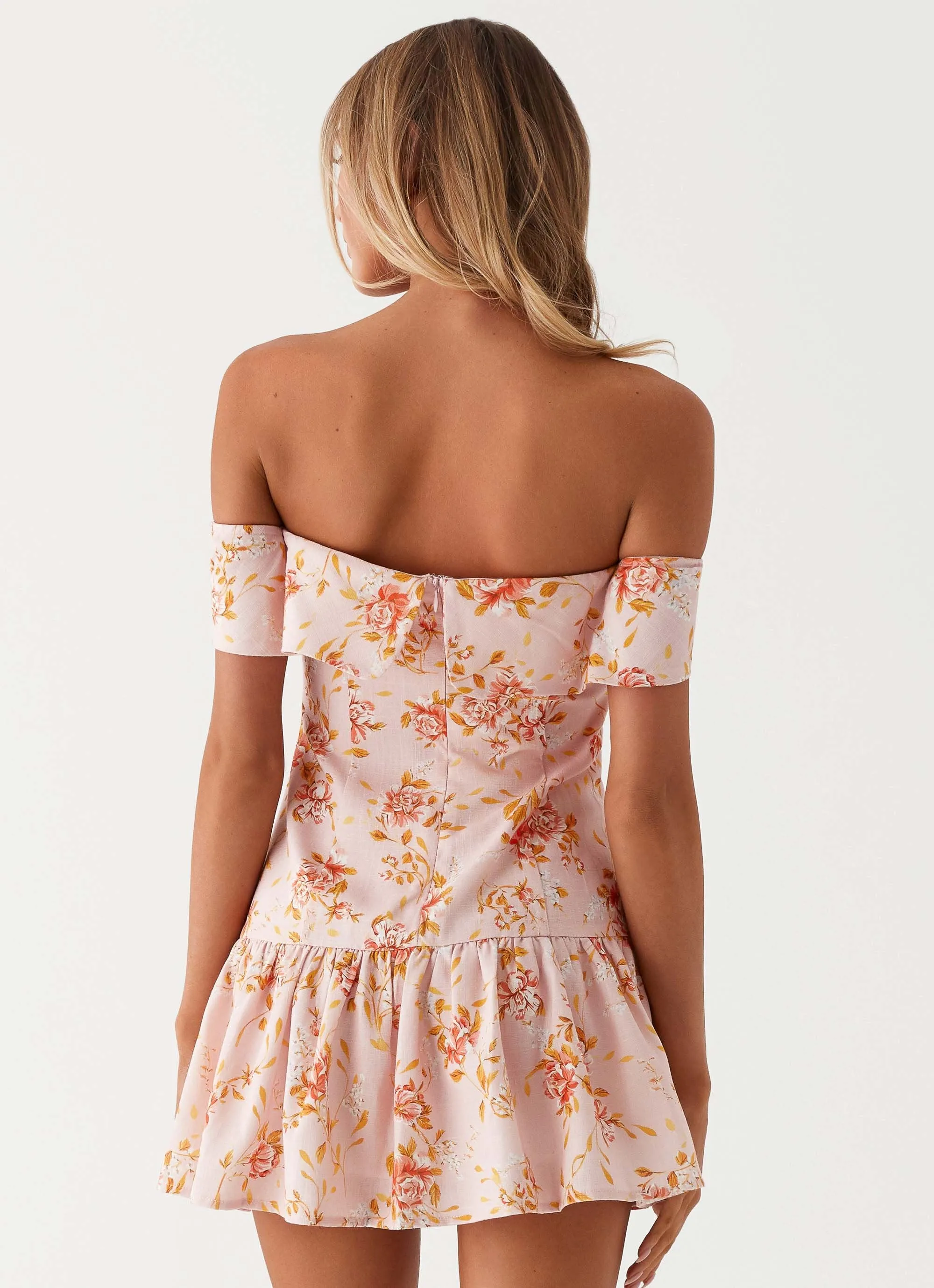 Aries Off Shoulder Linen Mini Dress - Pink Floral