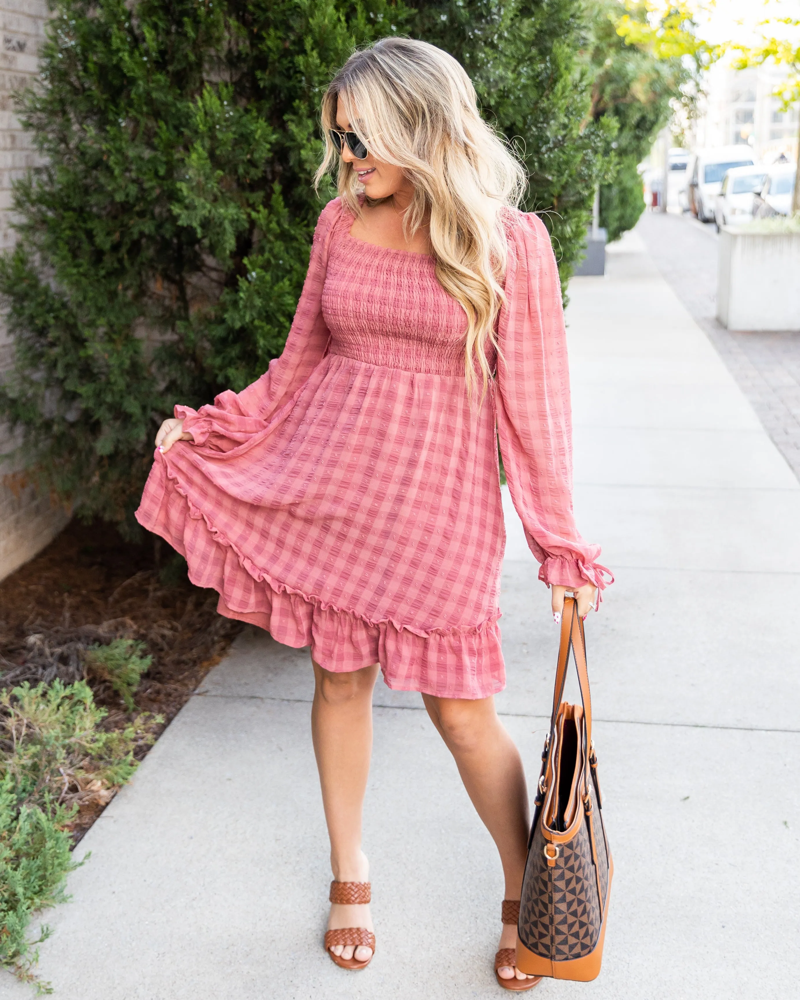 Ashton Plaid Smocked Dress - Salmon