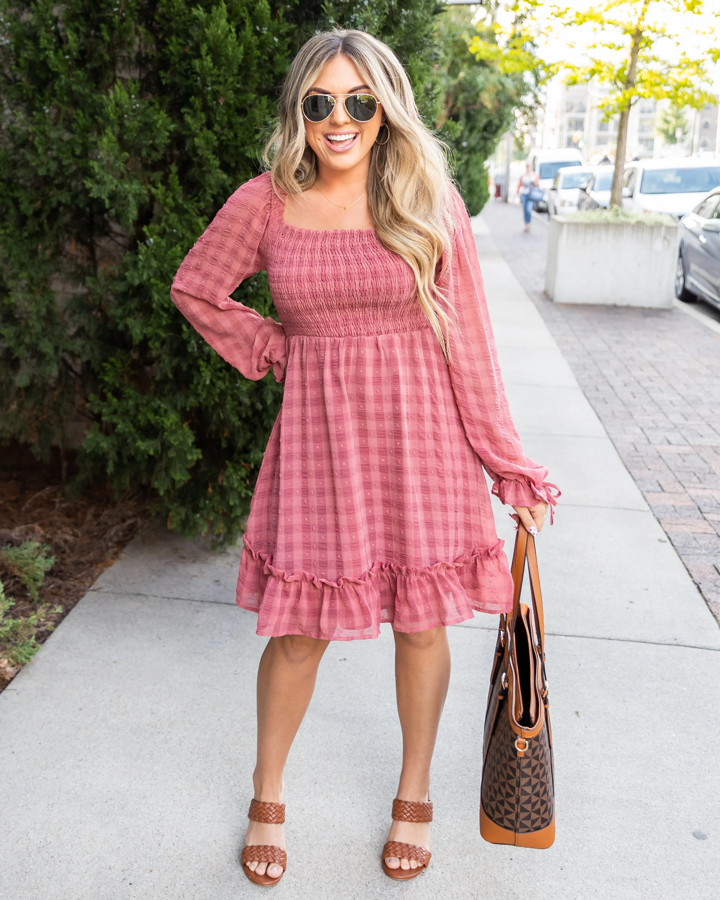 Ashton Plaid Smocked Dress - Salmon