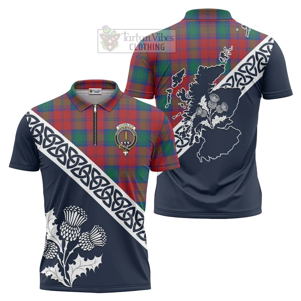 Auchinleck (Affleck) Tartan Zipper Polo Shirt Featuring Thistle and Scotland Map