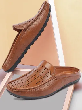 Basics Men Tan Back Open Laser Cut Design Textured Ethnic Casual Wedding Slip On Mules