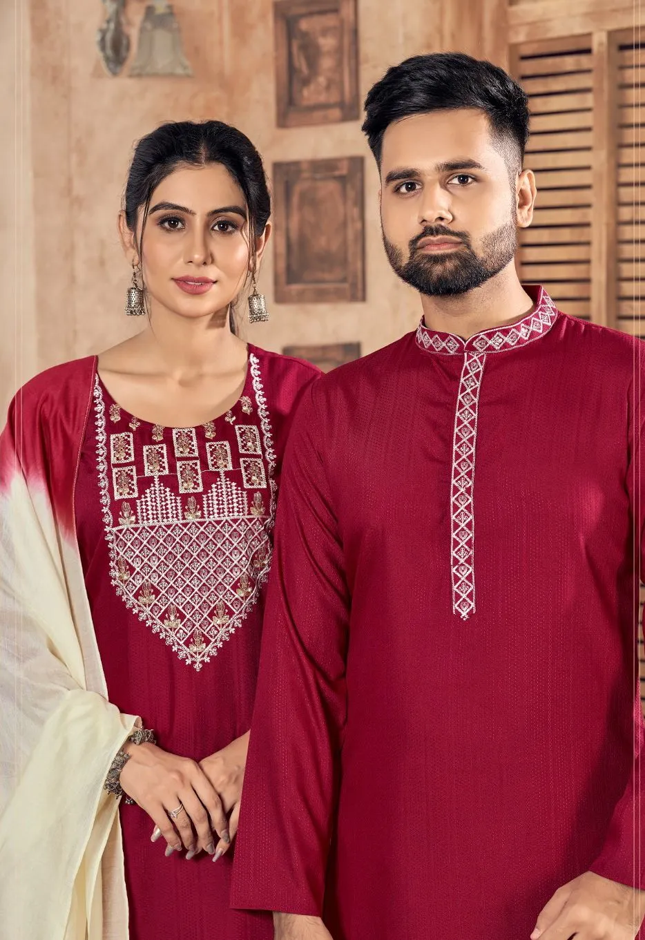 Beautiful Couple Wear Red Same Matching Outfits Set