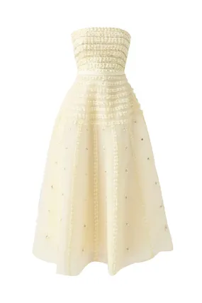 BEIGE STRAPLESS STONE ORGANZA BEIGE MIDI DRESS