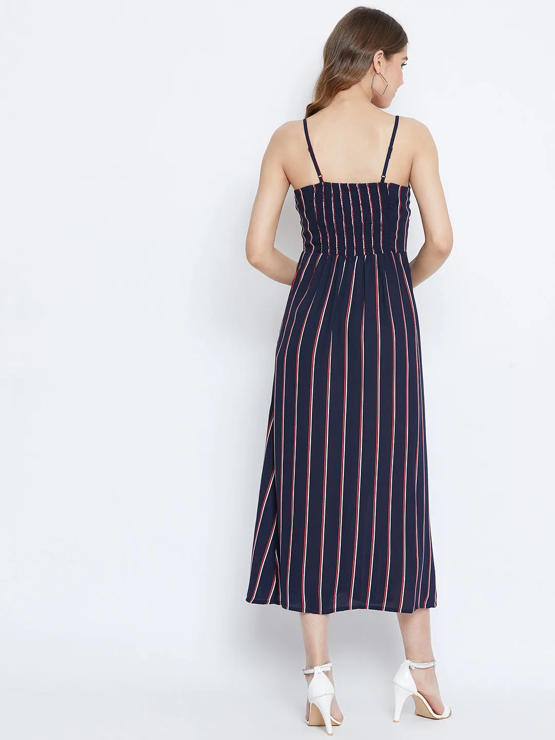 Berrylush Women Navy Blue & Red Striped Pattern Square Neck Fit & Flare Midi Dress