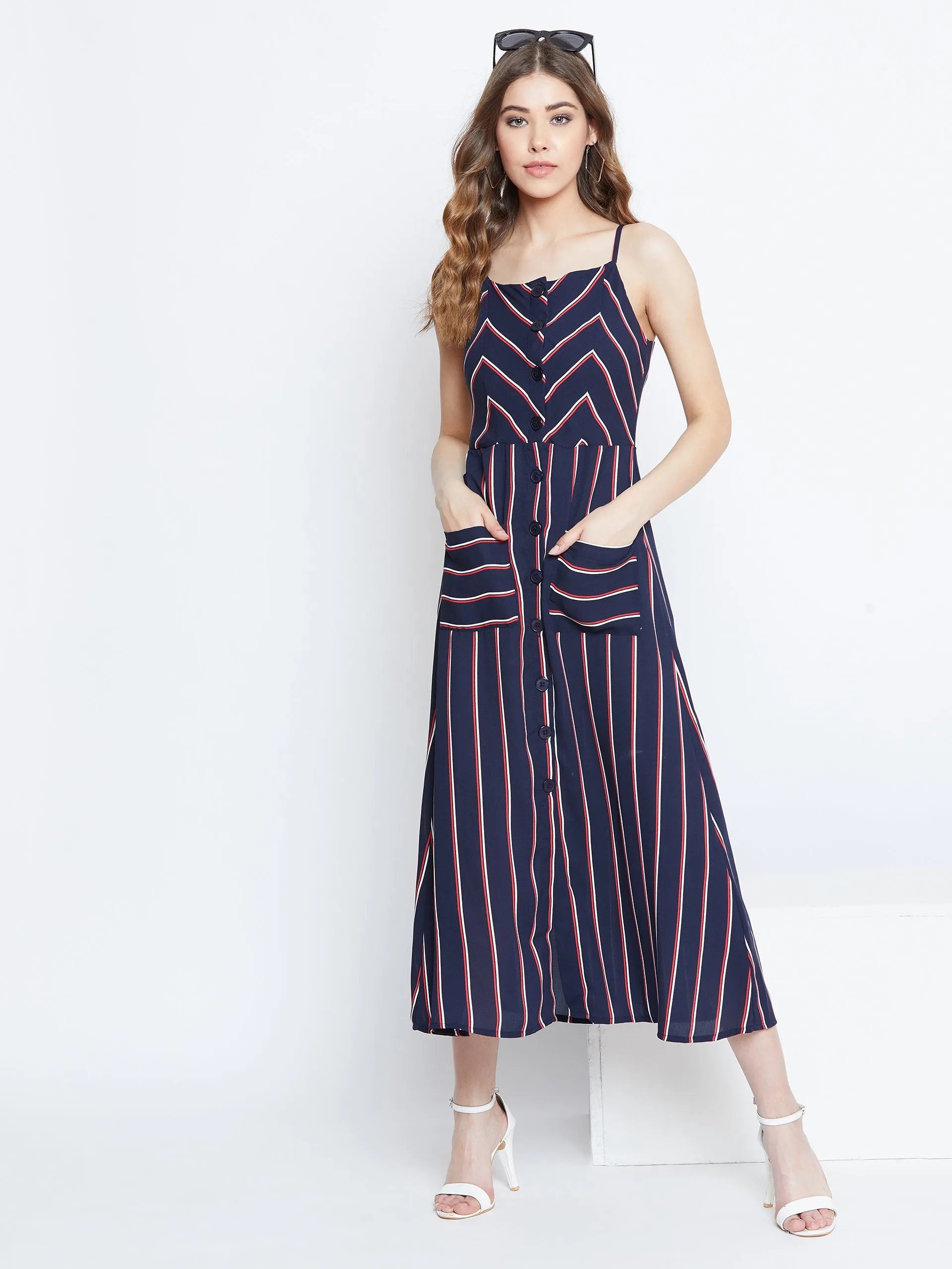 Berrylush Women Navy Blue & Red Striped Pattern Square Neck Fit & Flare Midi Dress