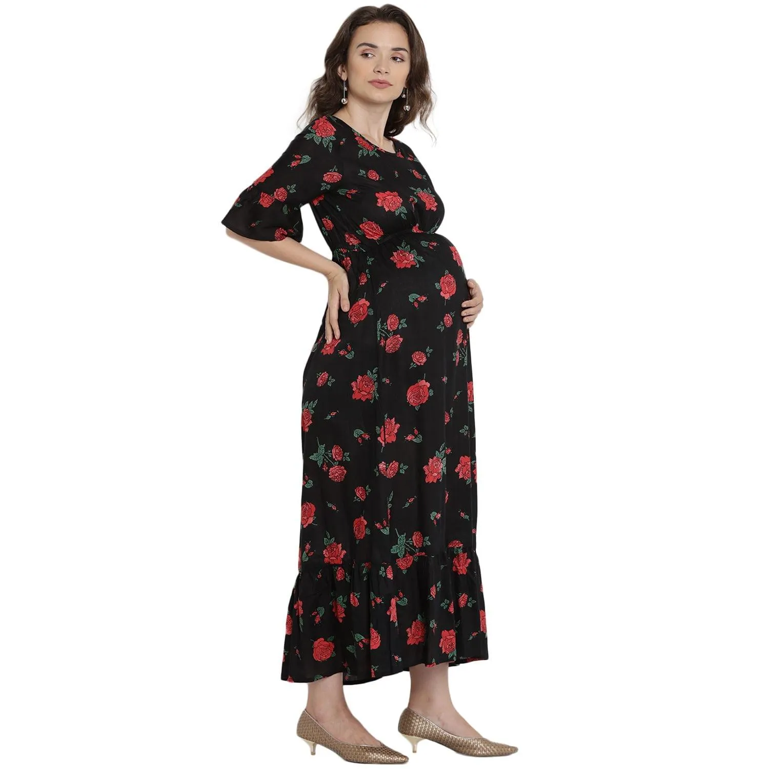 Black Floral Print Maternity Maxi Dress