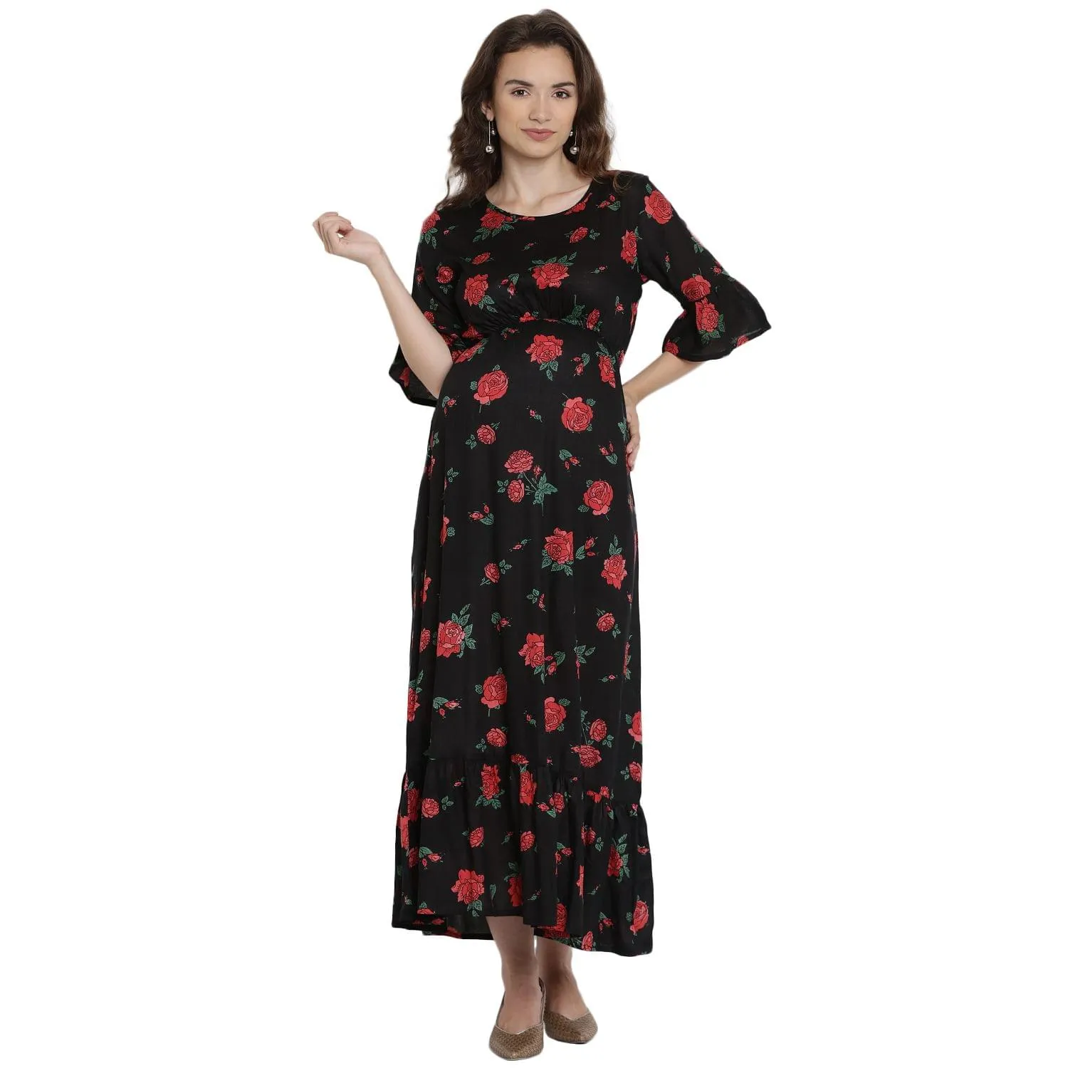 Black Floral Print Maternity Maxi Dress