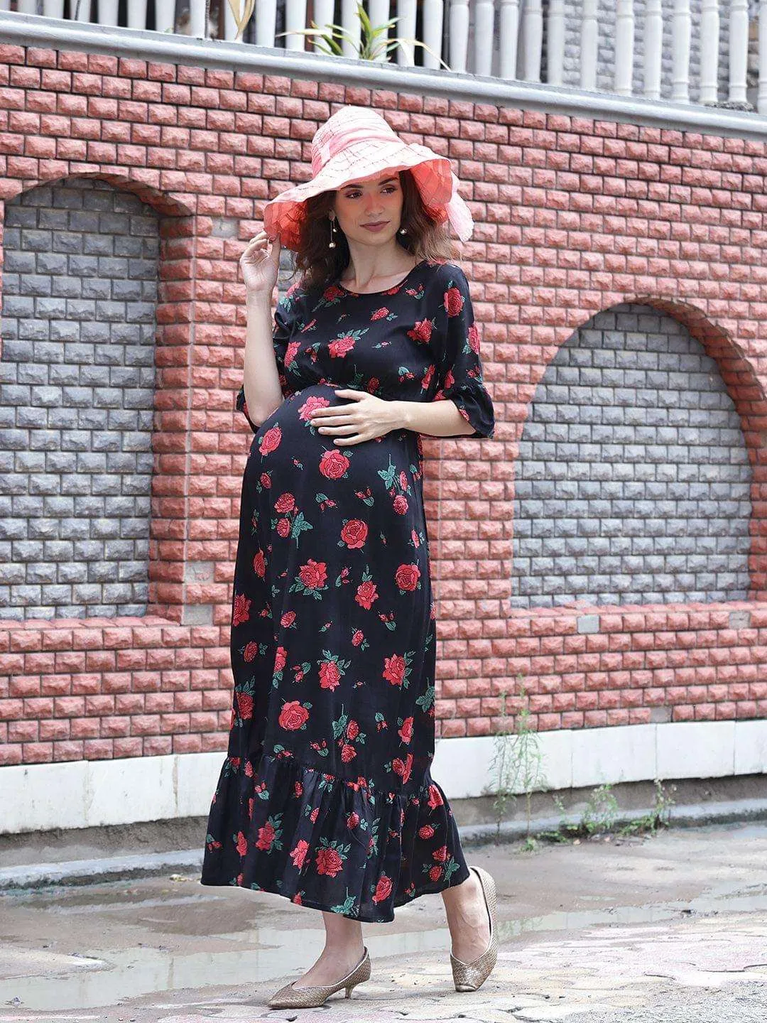 Black Floral Print Maternity Maxi Dress