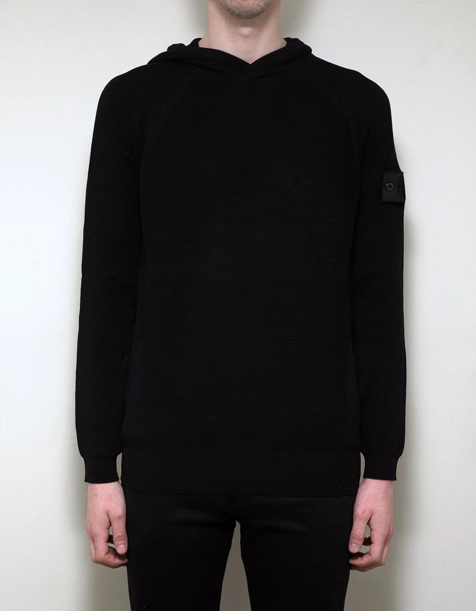 Black Ribbed Knitted Hoodie