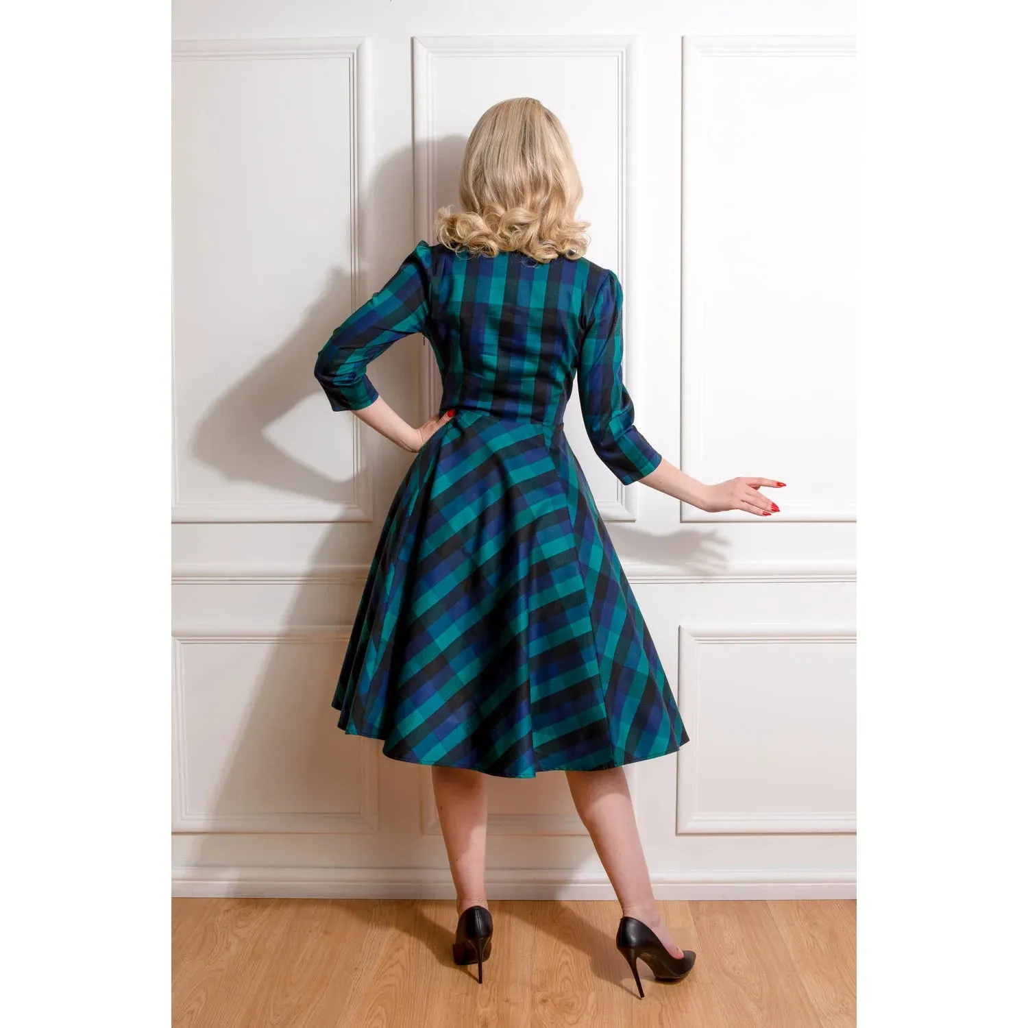 Blue Check Print 3/4 Sleeve Collared 50s Swing Tea Dress With Pockets