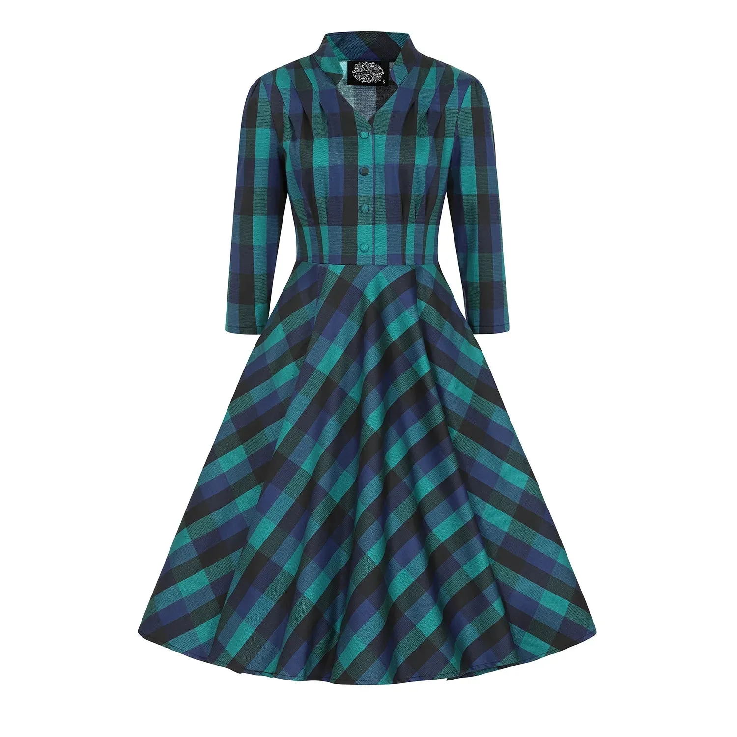 Blue Check Print 3/4 Sleeve Collared 50s Swing Tea Dress With Pockets