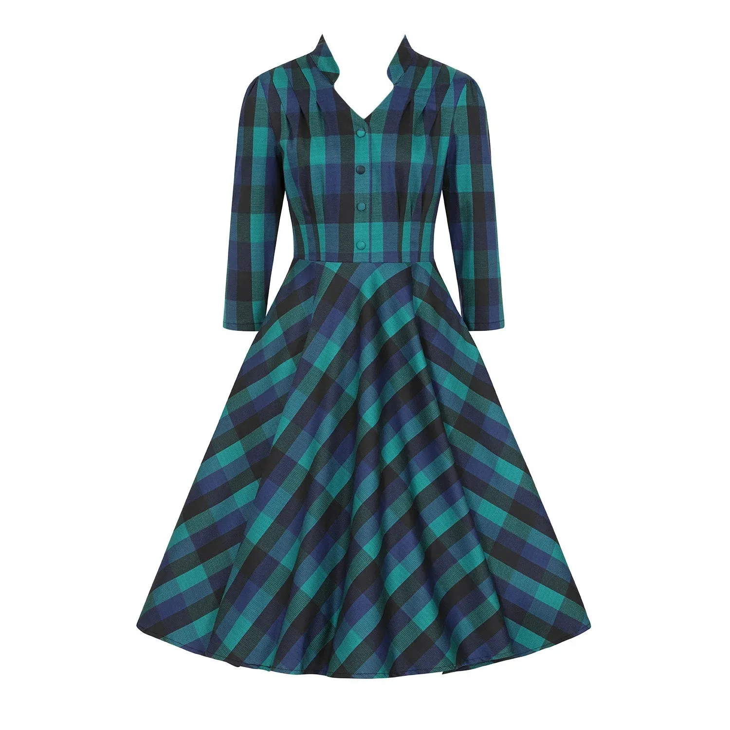 Blue Check Print 3/4 Sleeve Collared 50s Swing Tea Dress With Pockets