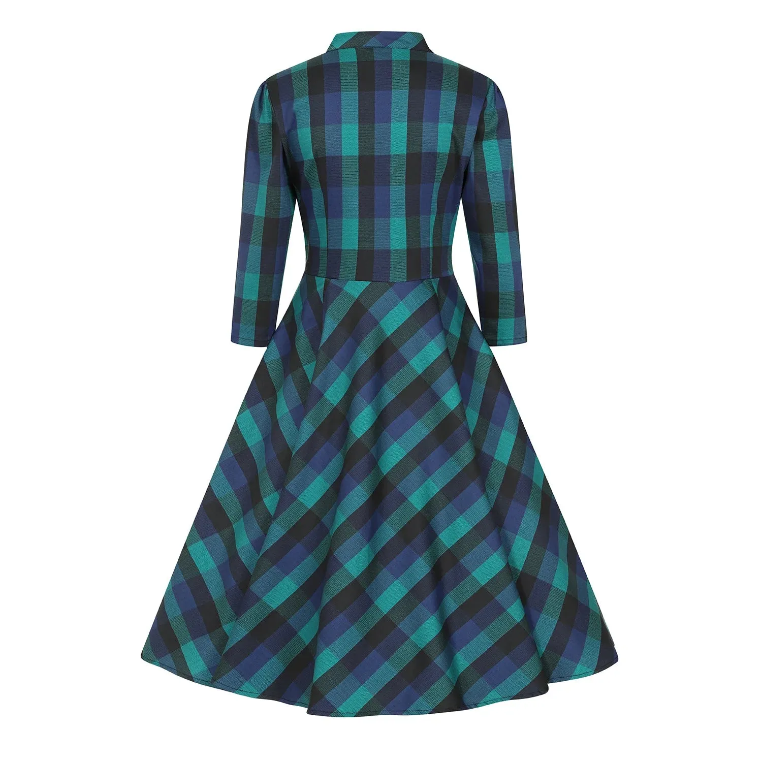 Blue Check Print 3/4 Sleeve Collared 50s Swing Tea Dress With Pockets