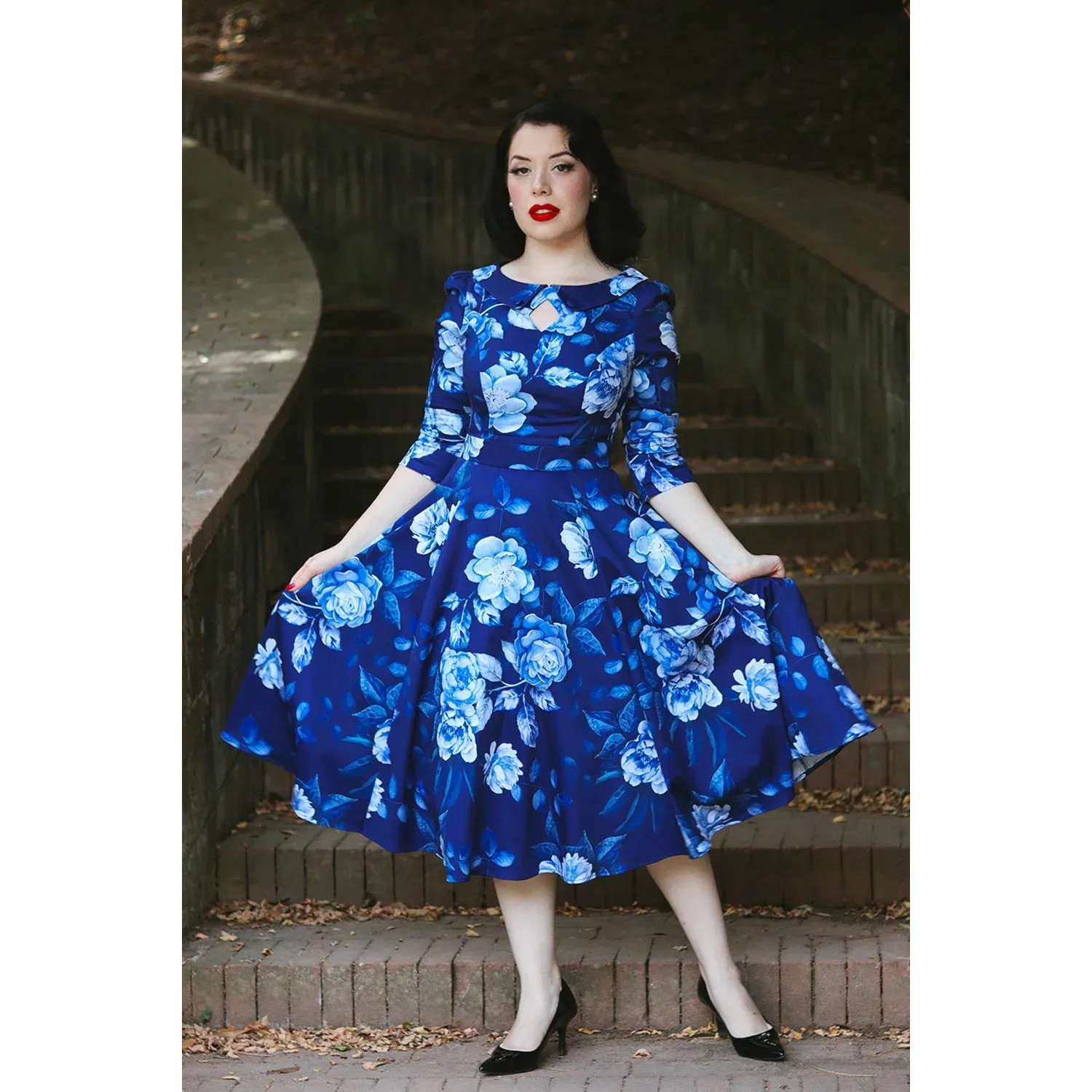 Blue Floral Print 3/4 Sleeve Boat Neck 50s Swing Dress With Pockets