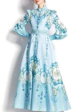 Blue Flower High Neck Floral Print Trumpet Sleeve Bohemian Dress Maxi Dress