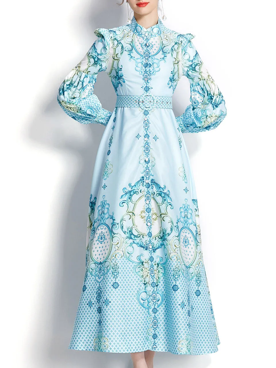 Blue Flower High Neck Floral Print Trumpet Sleeve Bohemian Dress Maxi Dress