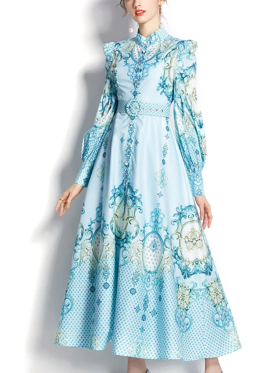 Blue Flower High Neck Floral Print Trumpet Sleeve Bohemian Dress Maxi Dress