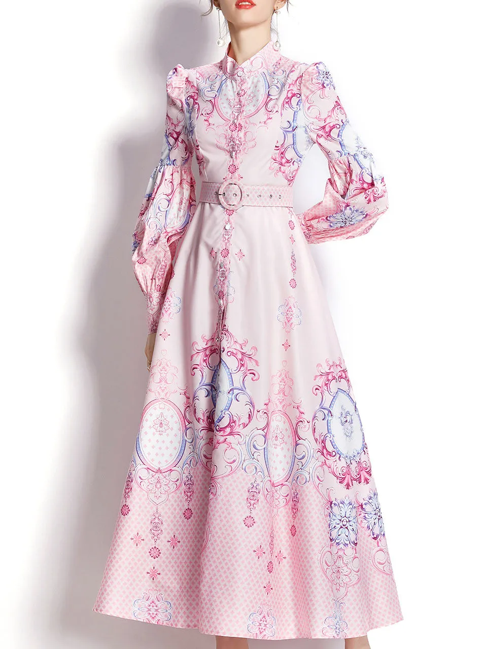 Blue Flower High Neck Floral Print Trumpet Sleeve Bohemian Dress Maxi Dress