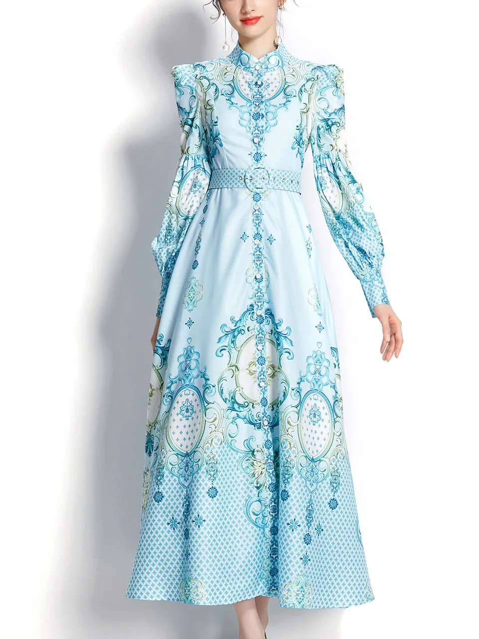 Blue Flower High Neck Floral Print Trumpet Sleeve Bohemian Dress Maxi Dress